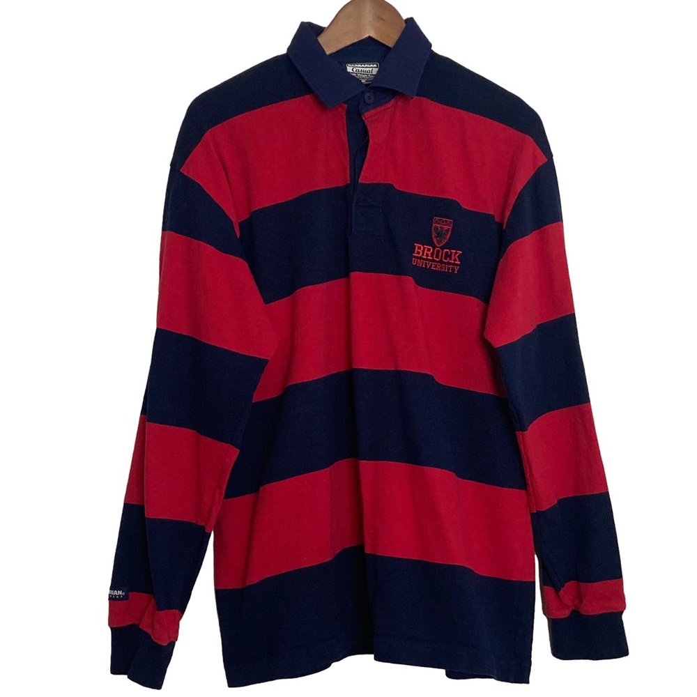 Barbarian Rugby Casuals Shirt Mens Large Brock University Red Blue Stripe Polo